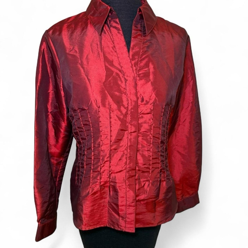 Coldwater Creek Satin Burgundy Beaded Pleats Hidden-Button Down Top Size MP